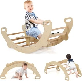 Cavalo de baloiço crianças escalador de madeira com arco de escalada, baloiço e túnel para gatinhar com assento para 1 a 5 anos 112 x 52 x 44 cm Natur