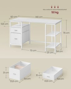 Secretaria 140 x 60 x 76 cm com 3 prateleiras e 2 gavetas tecido, branca