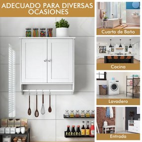 Armário de parede para casa de banho com 2 portas, barra de toalha, prateleira ajustável, organizador de armazenamento de cozinha 60 x 21 x 61 cm Bran