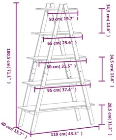 Estante c/ 5 prateleiras forma de A 110x40x180,5cm pinho maciço