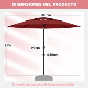 Guarda-sol ventilado de 3 níveis com botão de inclinação, manivela, 8 varas resistentes, 300 x 300 x 245 cm, Vermelho