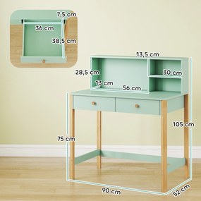 Secretária Infantil (CADEIRA NÃO INCLUIDA) Mesa de Estudo para Crianças com 3 Compartimentos Abertos e 2 Gavetões 90x52x105 cm Verde