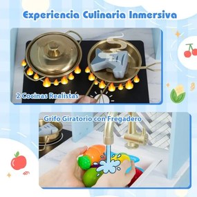 Cozinha de brincar para crianças 84 x 30 x 90 cm com fogão, torneira, pia, relógio, cafeteira, exaustor e micro-ondas azul