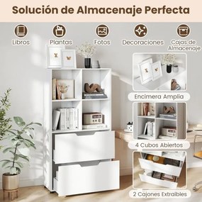 Estante de 4 cubos 70 x 33,5 x 130 cm com 2 gavetas de 5 níveis Design moderno em madeira para sala ou escritório Branco