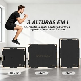 Caixa Pliométrica de Madeira com 3 Alturas Diferentes para Treino de Salto Força em Casa Ginásio e Exterior 76x61x Preto
