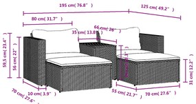 5 pcs conjunto sofás de jardim com almofadões acácia e vime PE