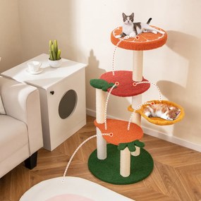 Arranahdor para gatos estilo fruta de 99,5 cm, vários níveis com cabide acolchoado, cesto giratório e postes de sisal para arranhar Laranja