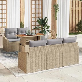 vidaXL Conjunto de Jantar de Jardim de 6 Peças com Almofadas Bege Rattan Polipropileno Acácia