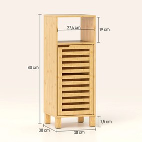 Armário de Casa de Banho Estreito Móvel Auxiliar de Casa de Banho com Porta de Ripas Prateleira Aberta 60x30x108 cm Madeira