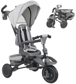 Triciclo Evolutivo 6 em 1 Dobrável Assento Giratório de 360° Guidador Parental Encosto Reclinável Toldo 111,5x52x98 cm Cinza