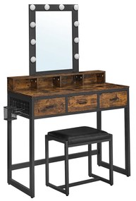 Penteadeira VASAGLE com banqueta, penteadeira com 10 lâmpadas LED, espelho, brilho ajustável, quarto, closet, design industrial, vintage, marrom-preto RVT014B01