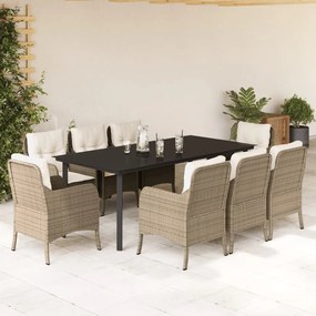 9 pcs conjunto de jantar p/ jardim com almofadões vime PE bege