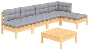6 pcs conjunto lounge de jardim c/ almofadões cinzentos pinho