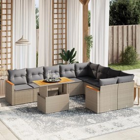 10 pcs conjunto de sofás p/ jardim com almofadões vime PE bege