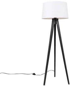 Tripé Preto com Abajur de Linho Branco 45 cm - Tripod Classic Clássico / Antigo
