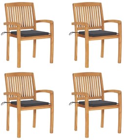 vidaXL Cadeiras de jardim empiháveis c/ almofadões 4 pcs teca maciça
