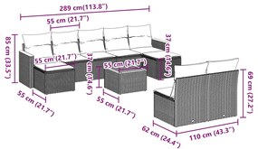 10 pcs conjunto sofás de jardim c/ almofadões vime PE preto