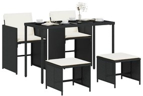 5 pcs conjunto de jantar p/ jardim c/ almofadões vime PE preto