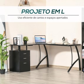 Secretária de Canto para Computador Mesa em Formato de L com 3 Gavetas Mesa Moderna para Escritório 143,5x143,5x76cm Preto