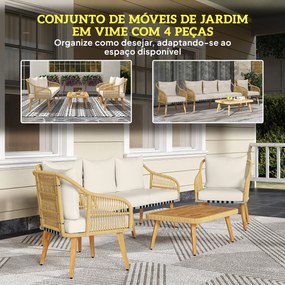 Conjunto de Jardim em Vime com Almofadas Móveis de Exterior com 2 Poltronas Sofá de 3 Lugares Mesa Creme e Madeira