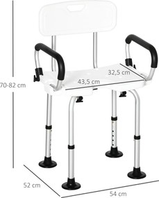 Cadeira para Duche Antiderrapante com Altura Ajustável de 6 Níveis e Apoio para os Braços Regulável 54x52x70-82cm Branco
