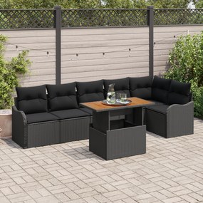 Conjunto de Sofá de Jardim vidaXL 7 Peças com Almofadas Preto Poliratt