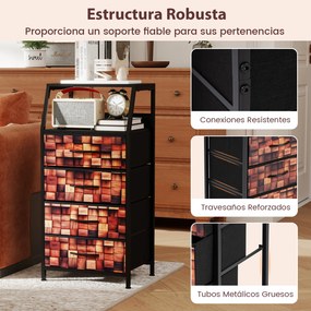 Mesa de cabeceira 40 x 29 x 83 cm com 4 gavetas revestidas a tecido, Estrutura metálica e armário vertical para arrumação no quarto, castanho