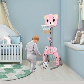 Brinquedo de cesto de basquetebol e futebol com altura ajustável e formato de urso 3 em 1 centro de atividades para crianças rosa
