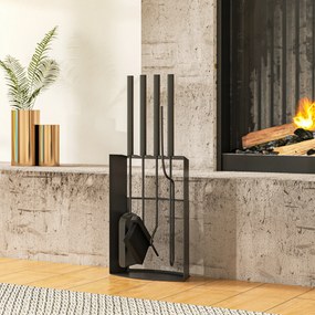Conjunto de utensílios para lareira de 5 peças em metal, com vassoura, pá, atiçador, par de pinças e suporte, 28 x 13 x 59,5 cm, preto