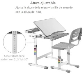 Secretária para crianças com Cadeira ajustável em altura com gaveta em ângulo 66 x 49 x (54,5 - 77) cm Cinzento