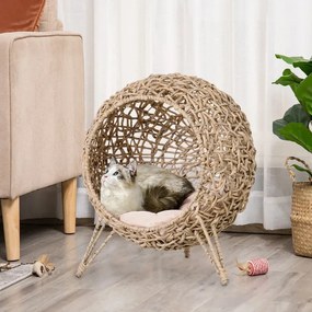 Caverna de rattan PE para gatos com Almofada com tripé de flanela e almofada de algodão macio Φ52x58 cm Cor de madeira natural