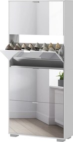 Sapateira 2 em 1 com frentes espelhadas 76 x 26 x 168  cm, 4 portas basculantes, prateleiras ajustáveis, capacidade para até 24 pares, branco
