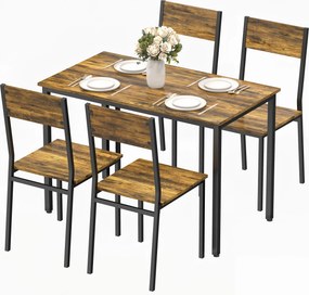 Conjunto de mesa de jantar com 4 cadeiras, mesa de cozinha com cadeiras para 4 pessoas, pés em metal, castanho rústico