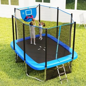 Trampolim retangular com aro de basquetebol, baliza de futebol, saco de armazenamento e escada 317 x 255 x 270 cm Azul