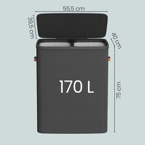 Cesto da roupa suja, cesto de 170 L com 2 compartimentos 56 x 40 x 75 cm, preto