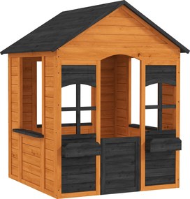AIYAPLAY Casinha infantil exterior em madeira, casa infantil exterior, meia-porta, janelas, vasos de flores, 3-8 anos, castanho claro | Aosom Portugal