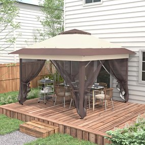 Tenda de jardim pop-up 3,64 C x 3,64 L x 2,98 A m dobrável em aço e poliéster com redes mosquiteiras + saco de transporte com rodas em cáqui e castanh