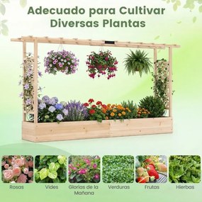 Floreira de jardim elevada em madeira com treliça 220 x 35 x 114 cm, teto suspenso, orifícios de drenagem, para plantas trepadeiras, Natural