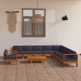 vidaXL 10 pcs conj. lounge de jardim c/ almofadões cinza-escuro acácia