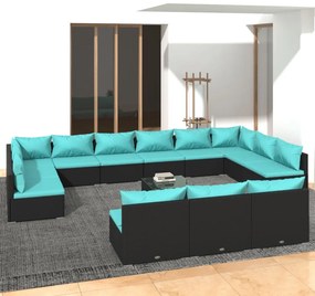 vidaXL 14 pcs conjunto lounge de jardim c/ almofadões vime PE preto