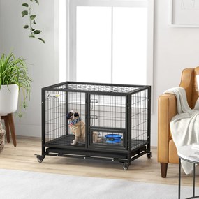 Gaiola para Cães com Parte Superior Rebatível Suporte de Tigelas Bandeja Amovível Rodas e Porta Dupla 92x62x73 cm Preto