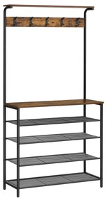Cabideiro VASAGLE, cabideiro de corredor com armazenamento de sapatos, sapateira de 5 níveis com alturas diferentes, 5 ganchos duplos, prateleira superior, corredor, quarto, dormitório, apartamento, industrial, marrom rústico e preto HSR408B01