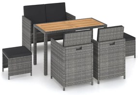 vidaXL 6 pcs conj. jantar p/ exterior vime PE madeira acácia cinzento
