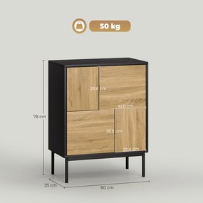 Aparador de sala 60 x 35 x 78 cm, móvel de arrumação, armário de cozinha com portas de empurrar e 4 armários de estilo moderno, preto, efeito de madei