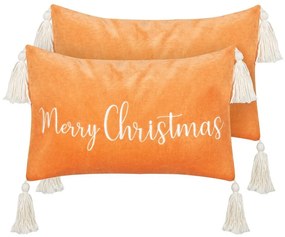 Conjunto de 2 almofadas decorativas com franjas e padrão natalício em veludo laranja 30 x 50 cm LITHOPS Beliani