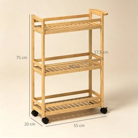 Carrinho de Cozinha Estreito de 3 Níveis com Rodas e Pega para Sala, Casa de Banho, Espaços Pequenos 55x20x75 cm Natural