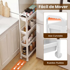 Carrinho estreito de 4 níveis com rodas e pegas 54 × 18,5 × 103 cm Organizador móvel para cozinha, casa de banho, lavandaria e escritório Branco