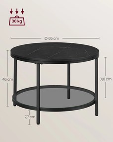 Mesa de centro 65 x 46 cm (Ø x A) de 2 níveis com tampo em efeito mármore-Preto