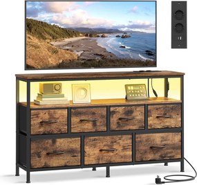 Cómoda com 7 gavetas e 1 prateleira e gavetas em tecido 30 x 113,8 x 68,1 cm, Coleção BELLAH  Castanho Vintage - Preta