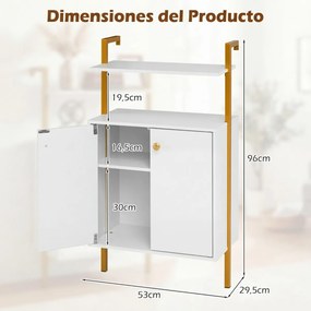 Estante de parede de 4 prateleiras com portas 53 x 29,5 x 96 cm e puxadores dourados para sala, quarto ou escritório Branco + Dourado